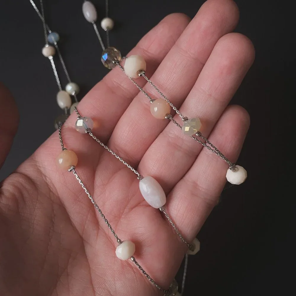 38" LOFT Pastel Pink Champagne Beaded Silver Chain Boho Double Strand Necklace - Picture 10 of 11